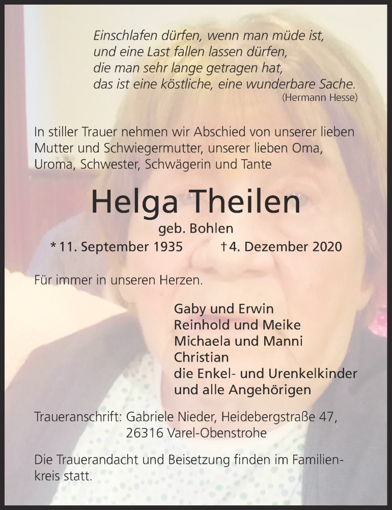  Traueranzeige für Helga Theilen vom 09.12.2020 aus Nordwest-Zeitung