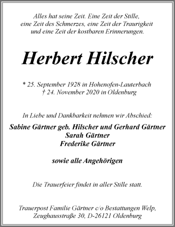 Traueranzeige von Herbert Hilscher von Nordwest-Zeitung