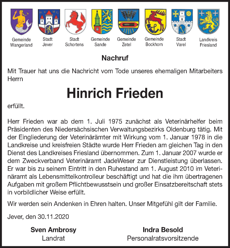  Traueranzeige für Hinrich Frieden vom 02.12.2020 aus Nordwest-Zeitung