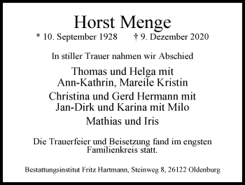 Traueranzeige von Horst Menge von Nordwest-Zeitung