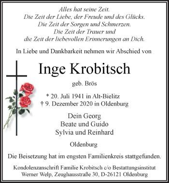 Traueranzeige von Inge Krobitsch von Nordwest-Zeitung