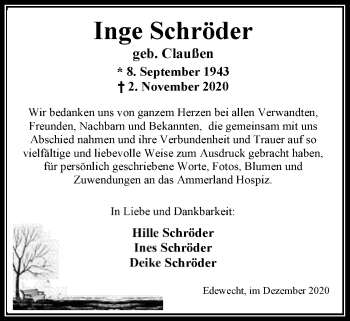 Traueranzeige von Inge Schröder von Nordwest-Zeitung