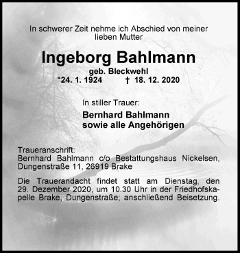 Traueranzeige von Ingeborg Bahlmann von Nordwest-Zeitung