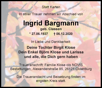 Traueranzeige von Ingrid Bargmann von Nordwest-Zeitung