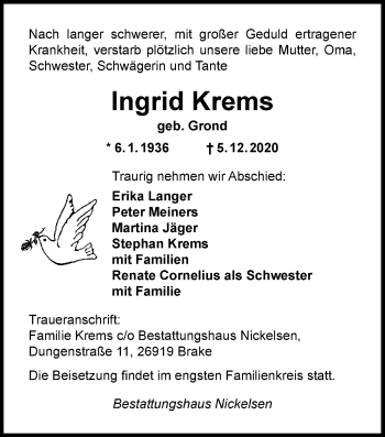 Traueranzeige von Ingrid Krems von Nordwest-Zeitung