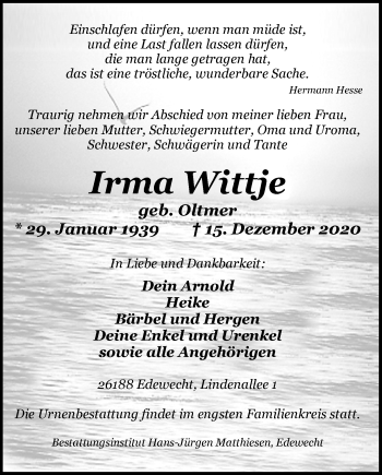 Traueranzeige von Irma Wittje von Nordwest-Zeitung