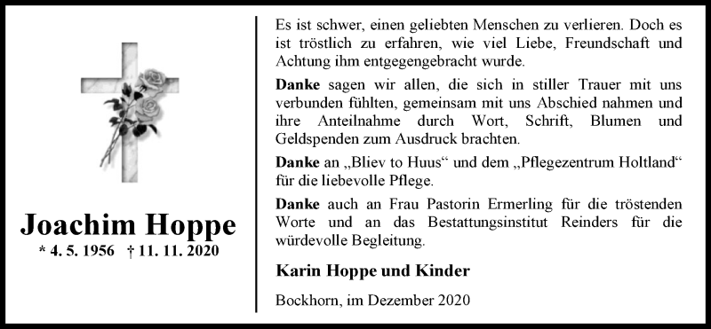  Traueranzeige für Joachim Hoppe vom 15.12.2020 aus Nordwest-Zeitung