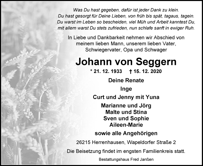 Traueranzeige für Johann von Seggern vom 18.12.2020 aus Nordwest-Zeitung
