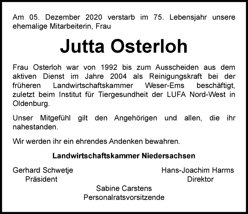  Traueranzeige für Jutta Osterloh vom 12.12.2020 aus Nordwest-Zeitung
