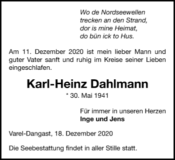 Traueranzeige von Karl-Heinz Dahlmann von Nordwest-Zeitung