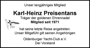 Traueranzeige von Karl- Heinz Preisentans von Nordwest-Zeitung