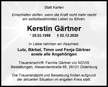 Traueranzeige von Kerstin Gärtner von Nordwest-Zeitung