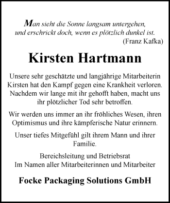 Traueranzeige von Kirsten Hartmann von Nordwest-Zeitung