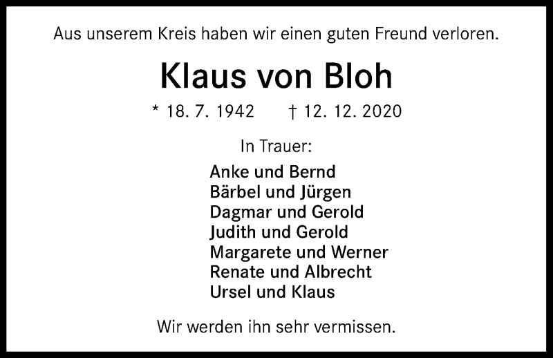  Traueranzeige für Klaus von Bloh vom 19.12.2020 aus Nordwest-Zeitung