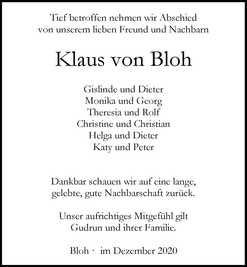 Traueranzeige für Klaus von Bloh vom 19.12.2020 aus Nordwest-Zeitung