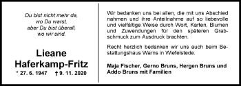 Traueranzeige von Lieane Haferkamp-Fritz von Nordwest-Zeitung