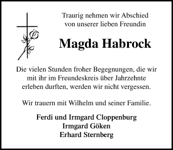 Traueranzeige von Magda Habrock von Nordwest-Zeitung