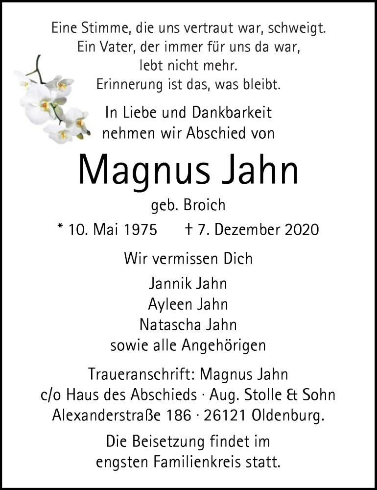  Traueranzeige für Magnus Jahn vom 12.12.2020 aus Nordwest-Zeitung