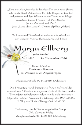 Traueranzeige von Marga Ellberg von Nordwest-Zeitung