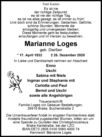 Traueranzeige von Marianne Loges von Nordwest-Zeitung