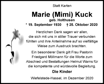 Traueranzeige von Marie Kuck von Nordwest-Zeitung