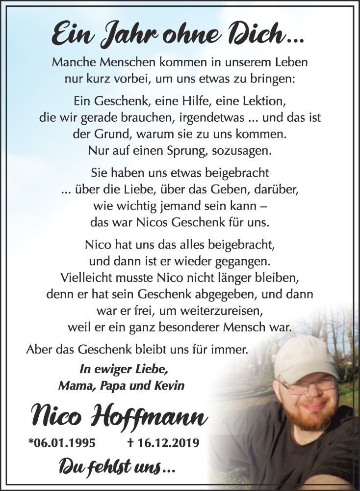  Traueranzeige für Nico  Hoffmann vom 16.12.2020 aus Nordwest-Zeitung