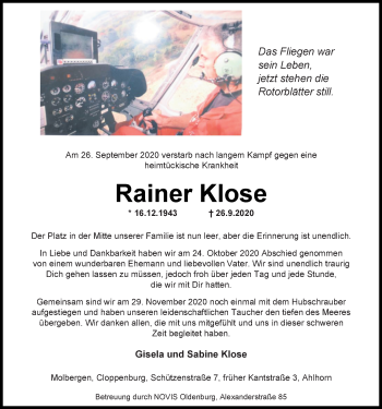 Traueranzeige von Rainer Klose von Nordwest-Zeitung