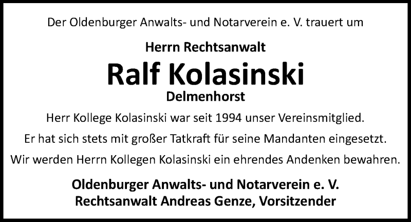  Traueranzeige für Ralf Kolasinski vom 01.12.2020 aus Nordwest-Zeitung
