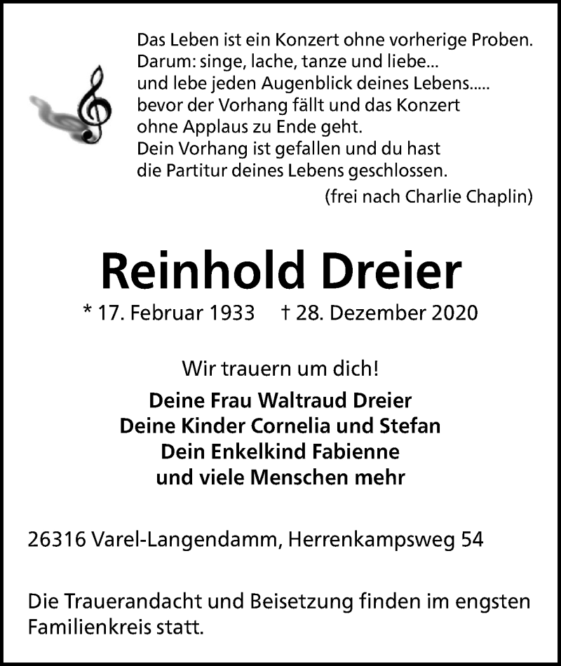  Traueranzeige für Reinhold Dreier vom 30.12.2020 aus Nordwest-Zeitung