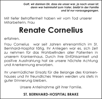 Traueranzeige von Renate Cornelius von Nordwest-Zeitung