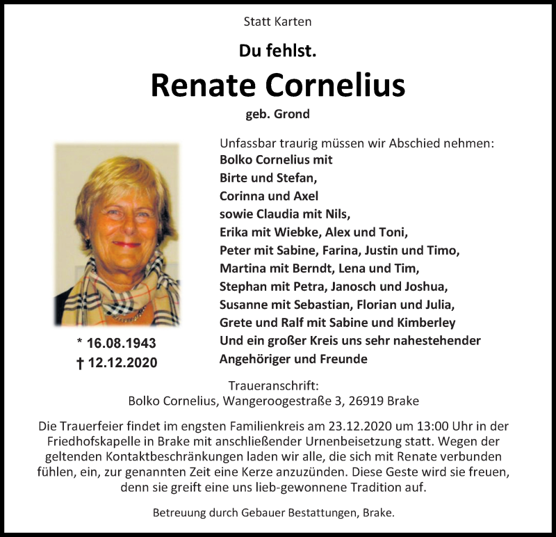  Traueranzeige für Renate Cornelius vom 16.12.2020 aus Nordwest-Zeitung