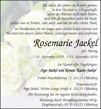 Traueranzeige von Rosemarie Jaekel von Nordwest-Zeitung