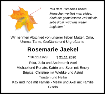 Traueranzeige von Rosemarie Jaekel von Nordwest-Zeitung