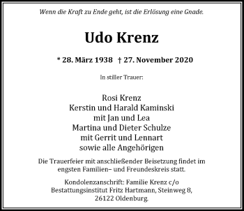 Traueranzeige von Udo Krenz von Nordwest-Zeitung
