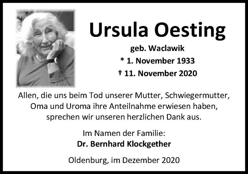  Traueranzeige für Ursula Oesting vom 05.12.2020 aus Nordwest-Zeitung