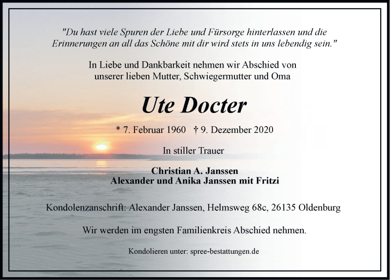  Traueranzeige für Ute Docter vom 15.12.2020 aus Emder Zeitung