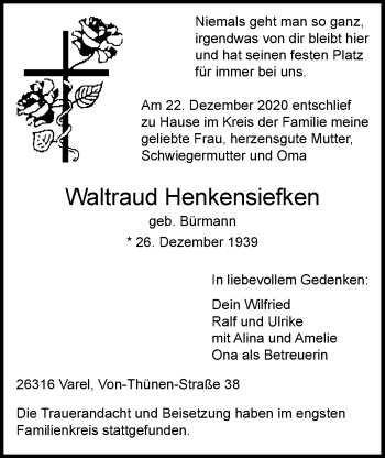 Traueranzeige von Waltraud Henkensiefken von Nordwest-Zeitung