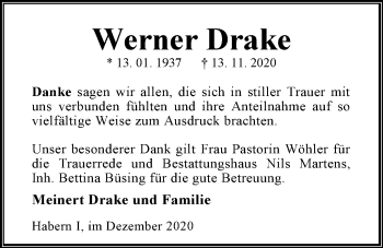 Traueranzeige von Werner Drake von Nordwest-Zeitung