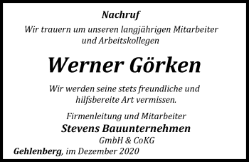 Traueranzeige von Werner Görken von Nordwest-Zeitung