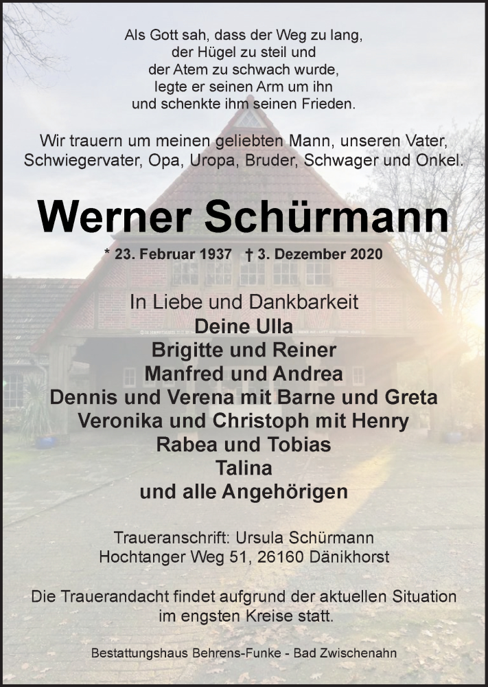  Traueranzeige für Werner Schürmann vom 09.12.2020 aus Nordwest-Zeitung