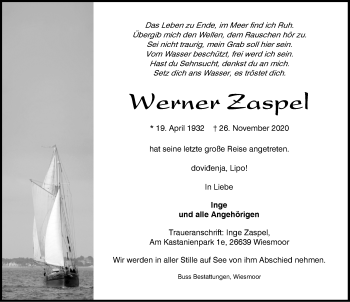 Traueranzeige von Werner Zaspel von Emder Zeitung