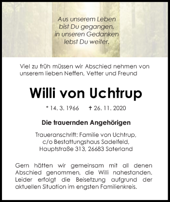 Traueranzeige von Wilhelm (Willi) von Uchtrup von Nordwest-Zeitung