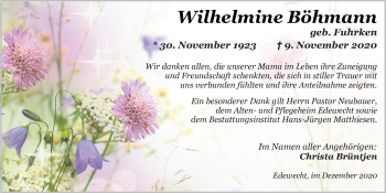 Traueranzeige von Wilhelmine Böhmann von Nordwest-Zeitung