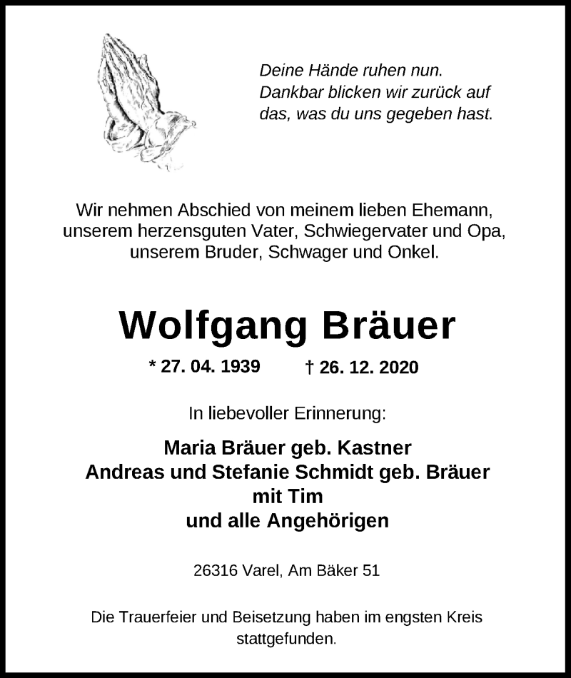  Traueranzeige für Wolfgang Bräuer vom 31.12.2020 aus Nordwest-Zeitung