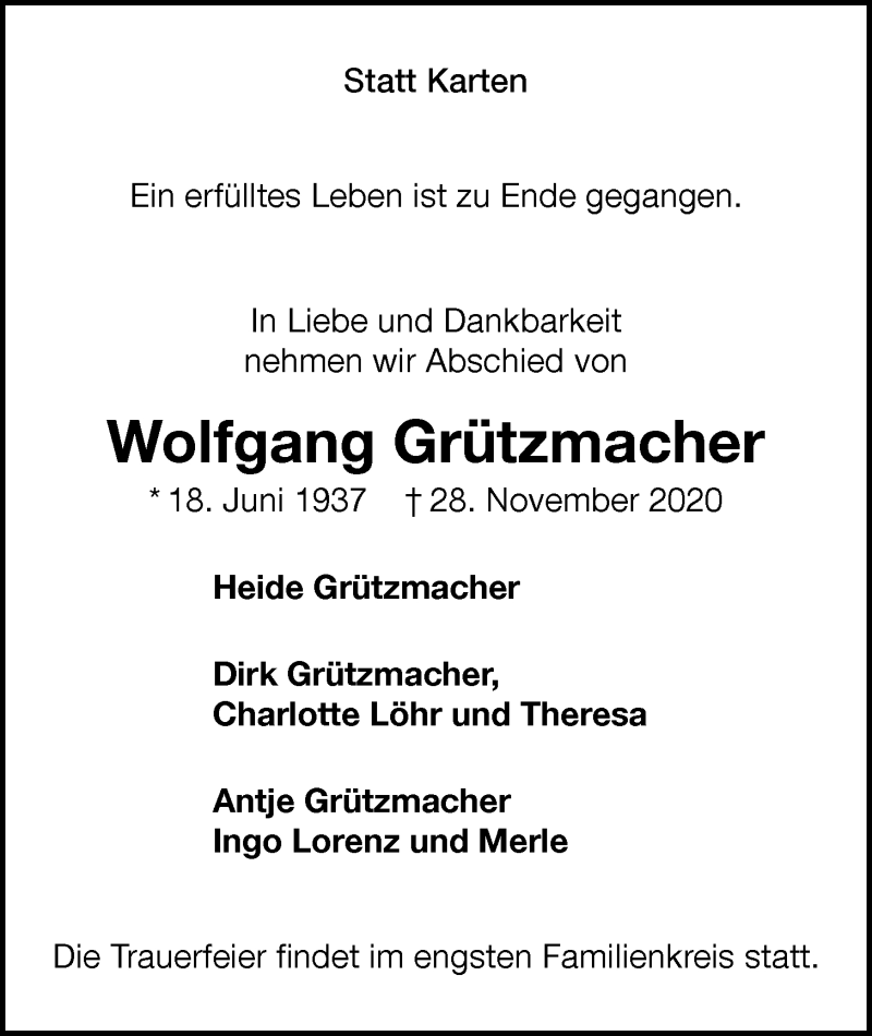  Traueranzeige für Wolfgang Grützmacher vom 01.12.2020 aus Nordwest-Zeitung