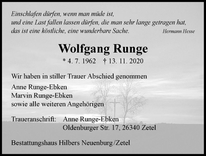  Traueranzeige für Wolfgang Runge vom 02.12.2020 aus Nordwest-Zeitung