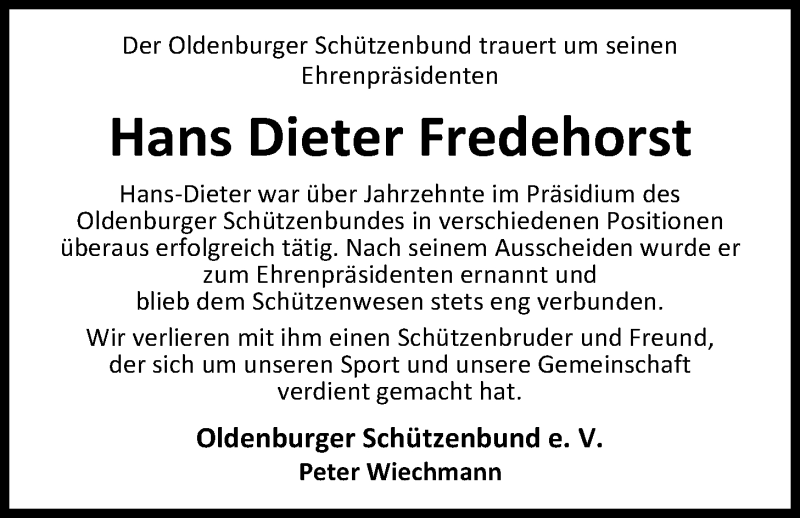  Traueranzeige für Hans Dieter Fredehorst vom 22.02.2020 aus Nordwest-Zeitung