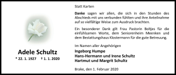Traueranzeige von Adele Schultz von Nordwest-Zeitung