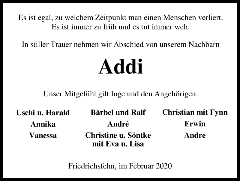 Traueranzeige für Adolf Wandscher vom 13.02.2020 aus Nordwest-Zeitung