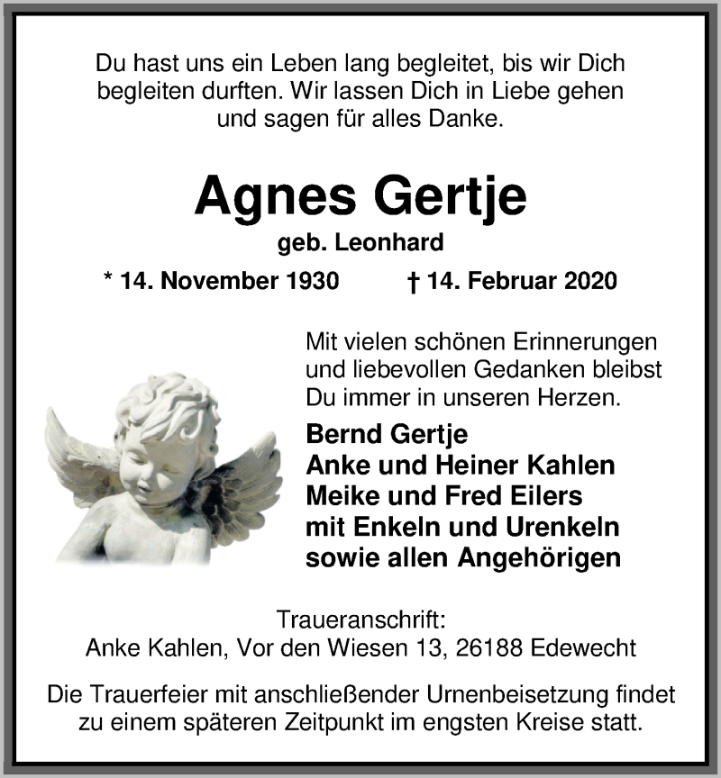  Traueranzeige für Agnes Gertje vom 19.02.2020 aus Nordwest-Zeitung